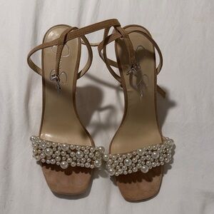 Elegant Pearl-Embellished Tan Heels